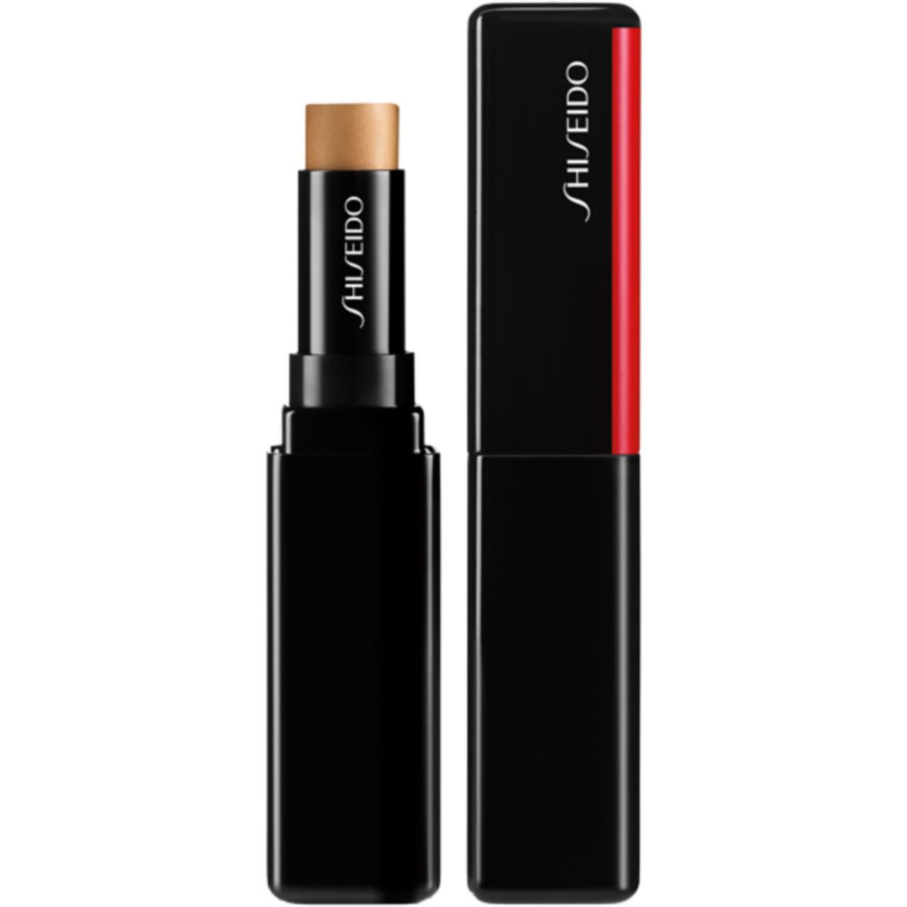 Schwarzer Concealer-Stick mit Deckel. Marke Shiseido. Produktname auf dem Stick. Offen und geschlossen.