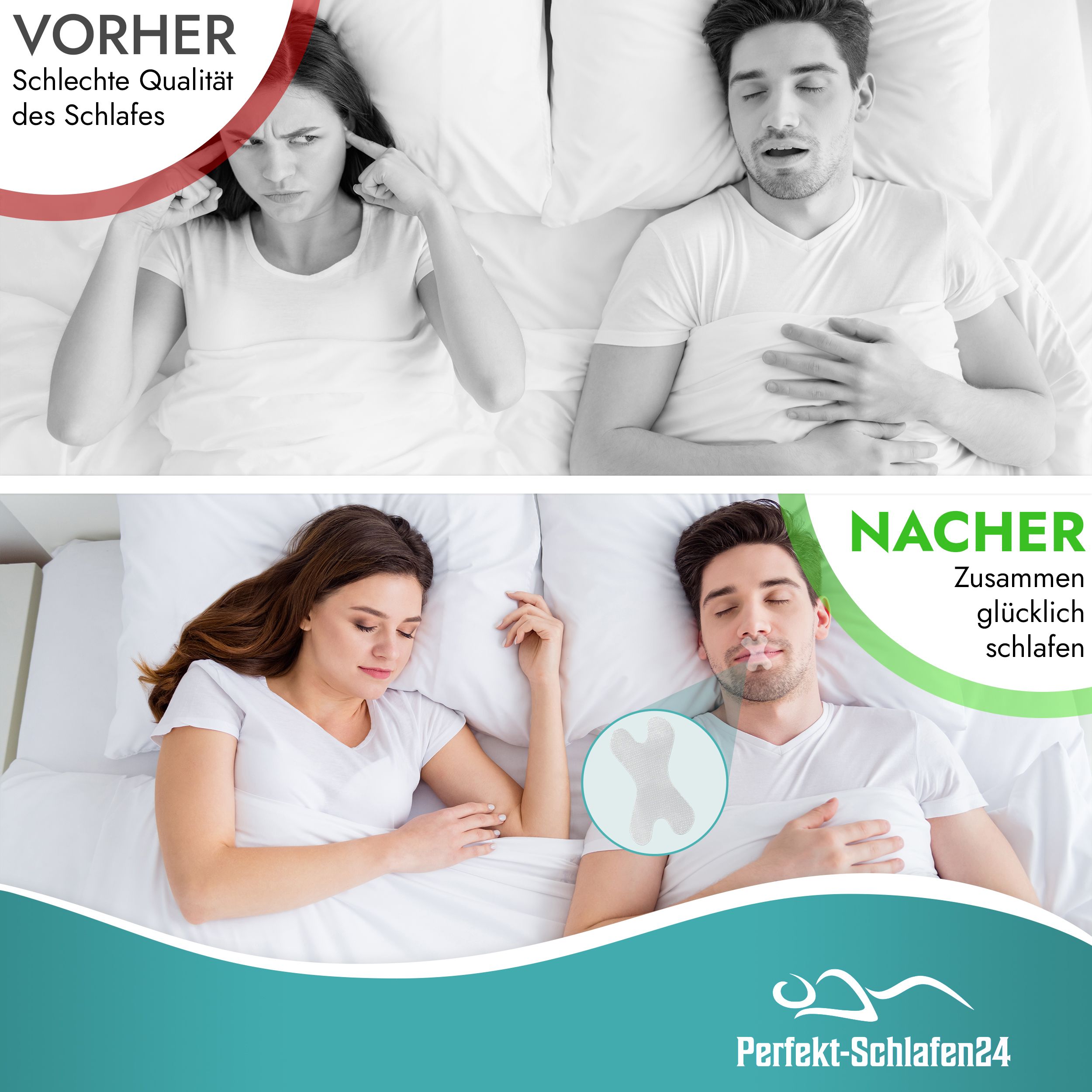 Vorher/Nachher-Vergleich. Oben: Frau mit genervtem Gesicht, Mann schnarcht. Unten: Paar schläft friedlich, Mann mit Mundpflaster.