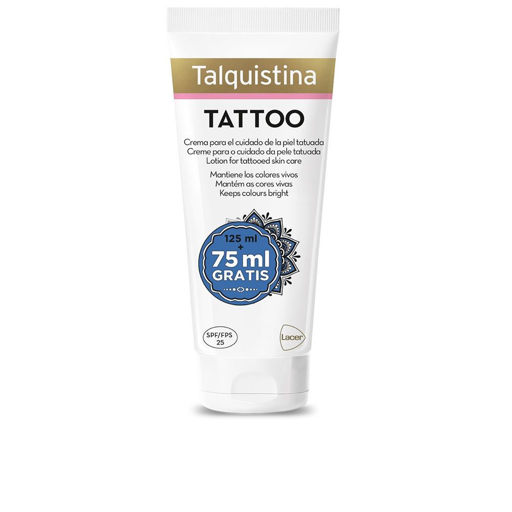Weißer Tubenbehälter mit rosa und blauer Beschriftung. Text: Talquistina Tattoo, Creme für tätowierte Haut. 125 ml + 75 ml gratis.