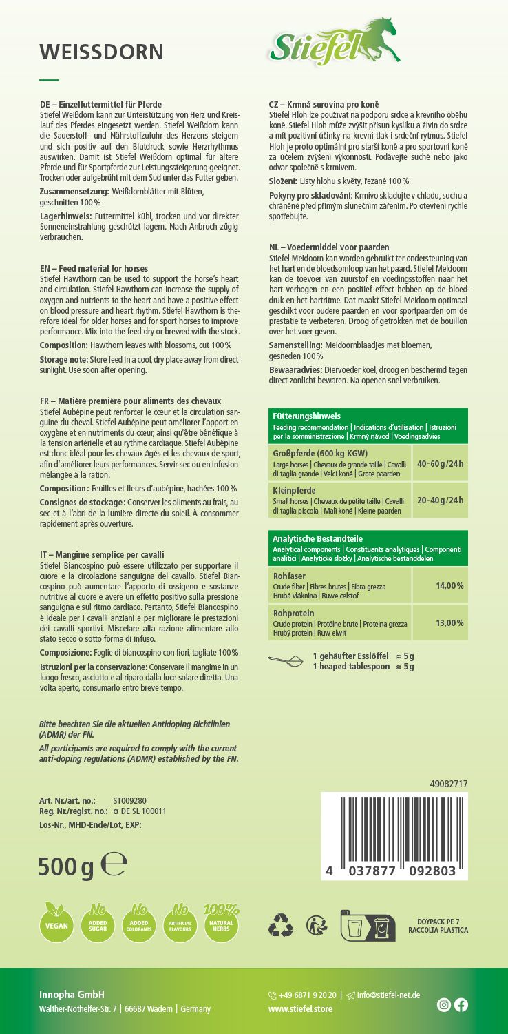 Produktverpackung von Stiefel Weißdorn. Text in Deutsch, Englisch, Französisch, Italienisch und Tschechisch. Enthält Informationen zur Fütterung und Inhaltsstoffe.
