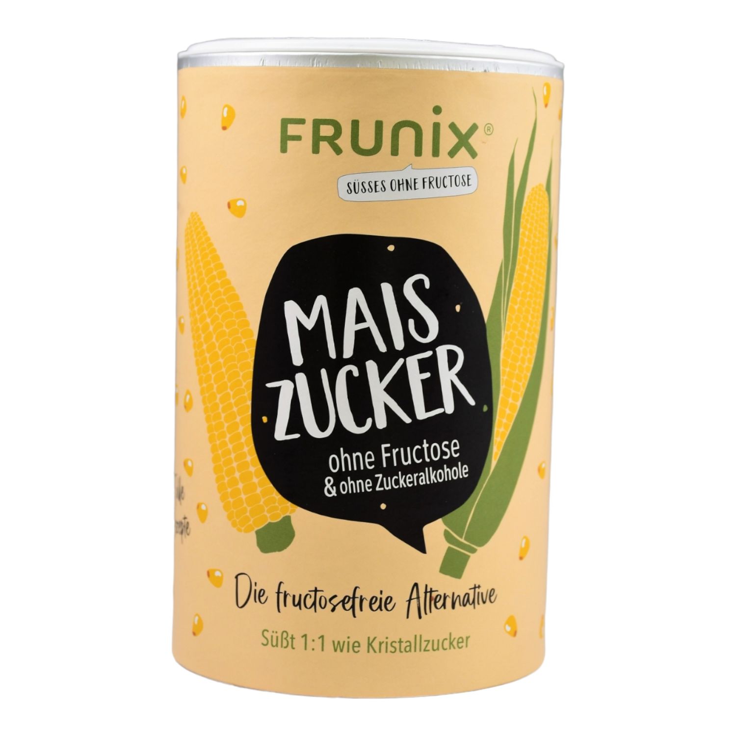 Zylinderdose mit Aufschrift FRUNIX und MAIS ZUCKER. Ohne Fructose & ohne Zuckeralkohole. Die fructosefreie Alternative. Süßt 1:1 wie Kristallzucker.