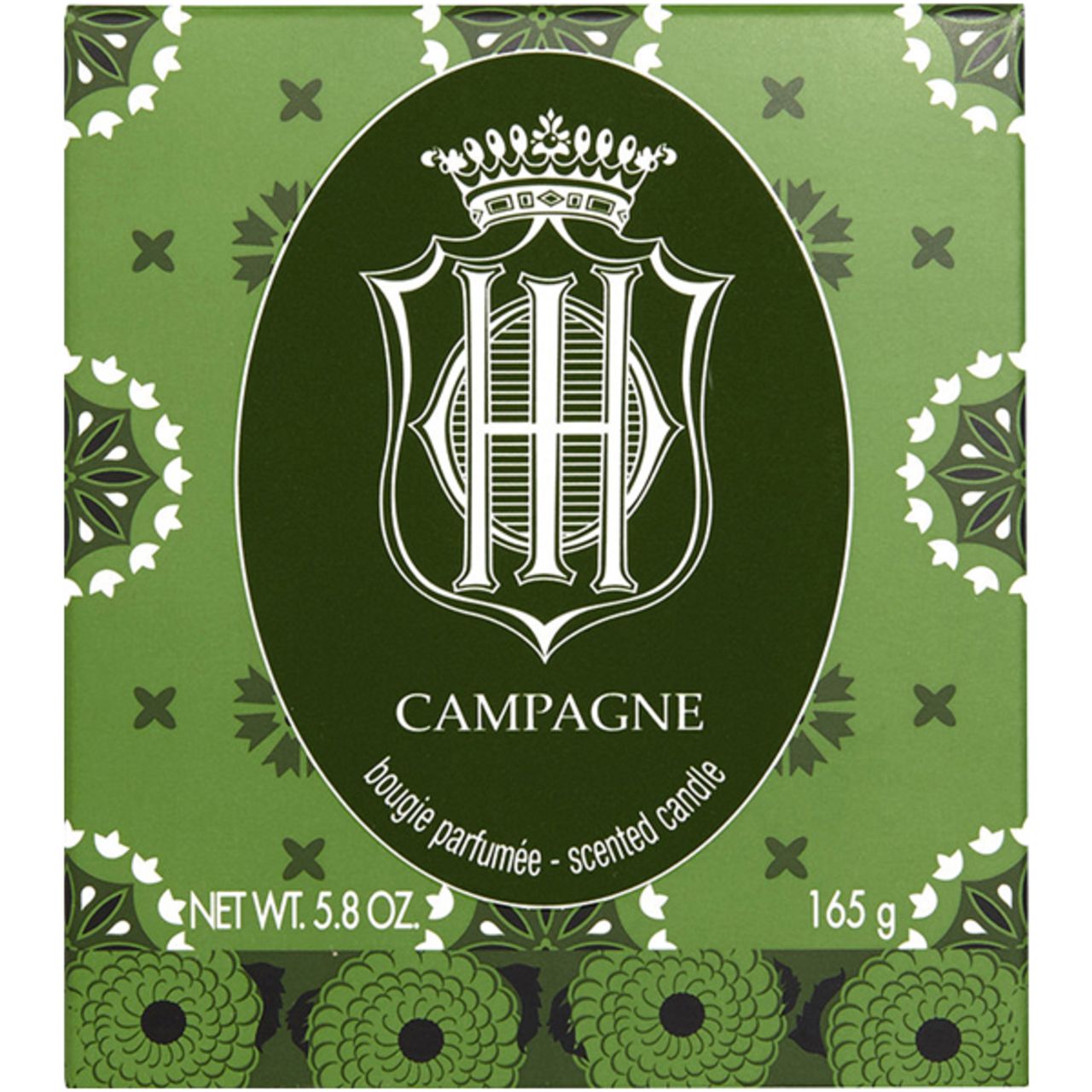 Grüne Schachtel mit floralem Muster und ovalem Logo. Text: CAMPAGNE, bougie parfumée, scented candle. Nettogewicht: 5.8 OZ, 165 g.
