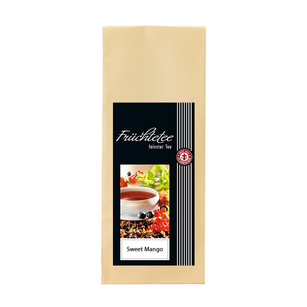 Beutel mit schwarzem Etikett. Aufschrift: Früchtetee, Sweet Mango. Abbildung von Früchten und Tee.