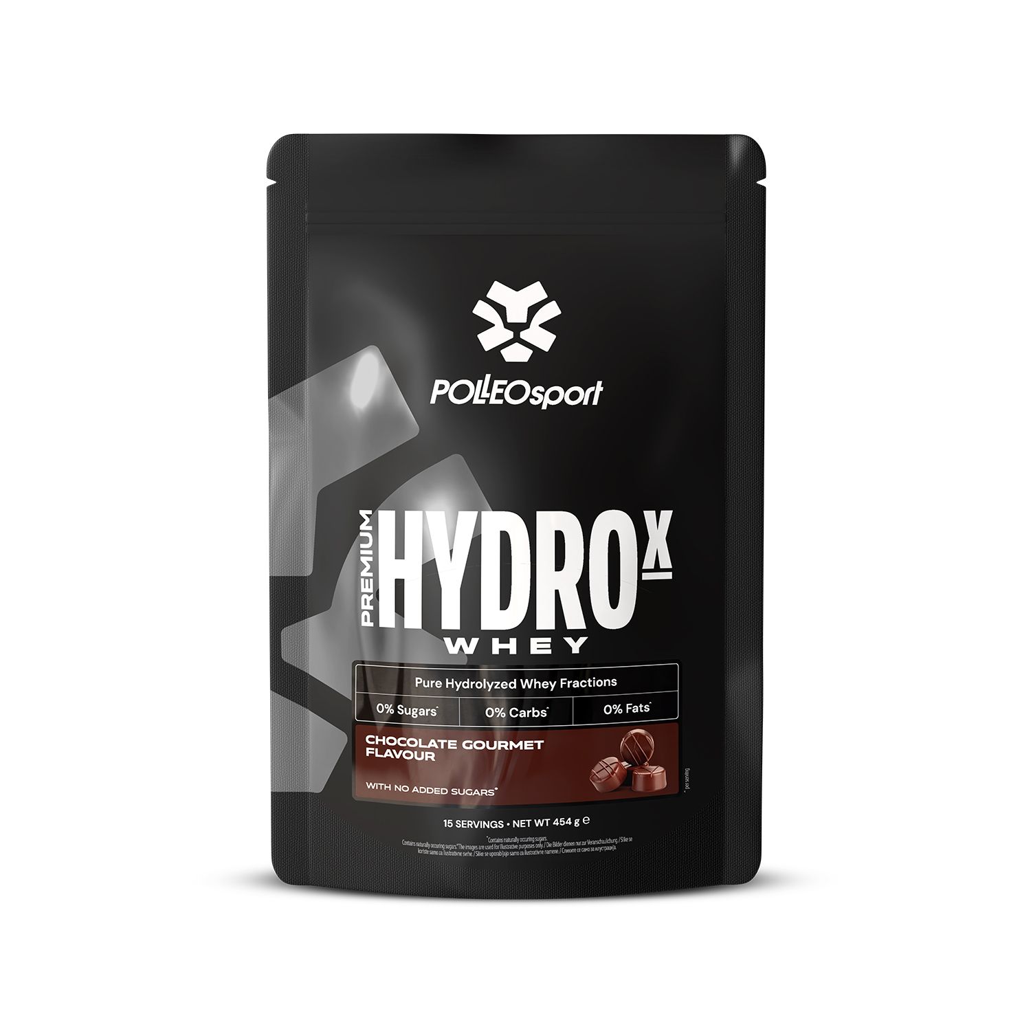 Schwarze Tüte "HYDROX Whey". Abbildung von Schokoladenstückchen. Enthält 0% Zucker, 0% Kohlenhydrate, 0% Fett. Netto 454 g.