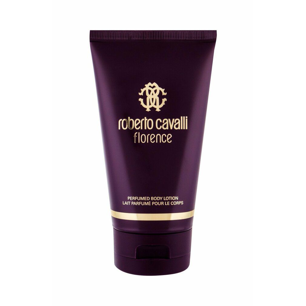 Tube Roberto Cavalli Florence Bodylotion. Dunkelbraun mit Logo und Schriftzug. Goldener Streifen am unteren Ende.