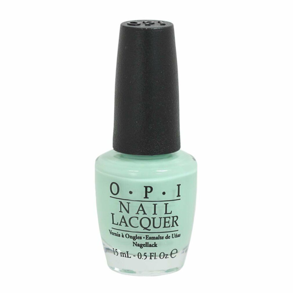 OPI Nagellack, mintgrün. Schwarzer Deckel. Aufschrift: OPI NAIL LACQUER. Volumen: 15 ml - 0.5 FL.OZ.e.