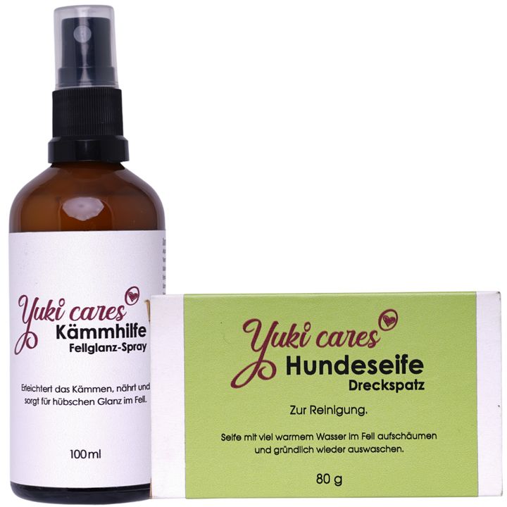 Braune Sprühflasche und grüne Seifenverpackung. Beschriftung: Yuki cares, Fellglanz-Spray, 100ml. Seifenverpackung: Yuki cares, Hundeseife, 80g.