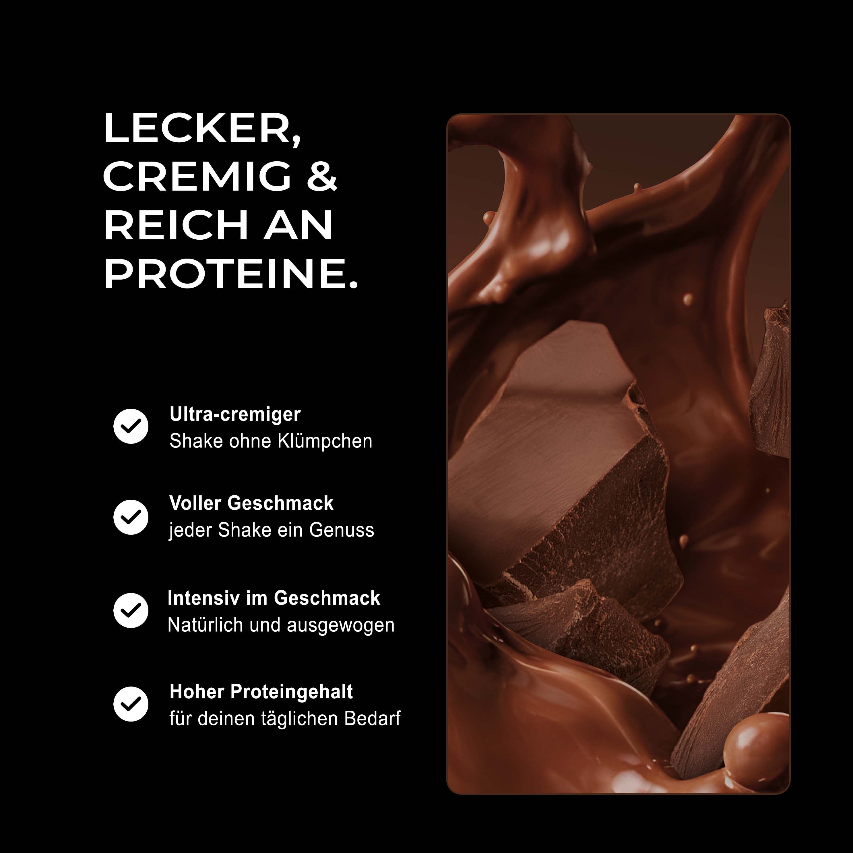 Neosupps Vision Whey Protein Pulver Dose mit Schokoladenstückchen und flüssiger Schokolade, Text betont Geschmack.