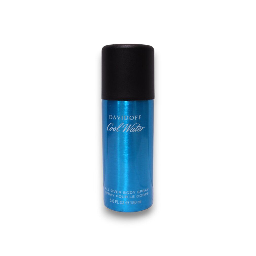 Türkisblaue Deospray-Dose mit schwarzem Deckel. Schriftzug: Davidoff Cool Water. Text: All Over Body Spray.