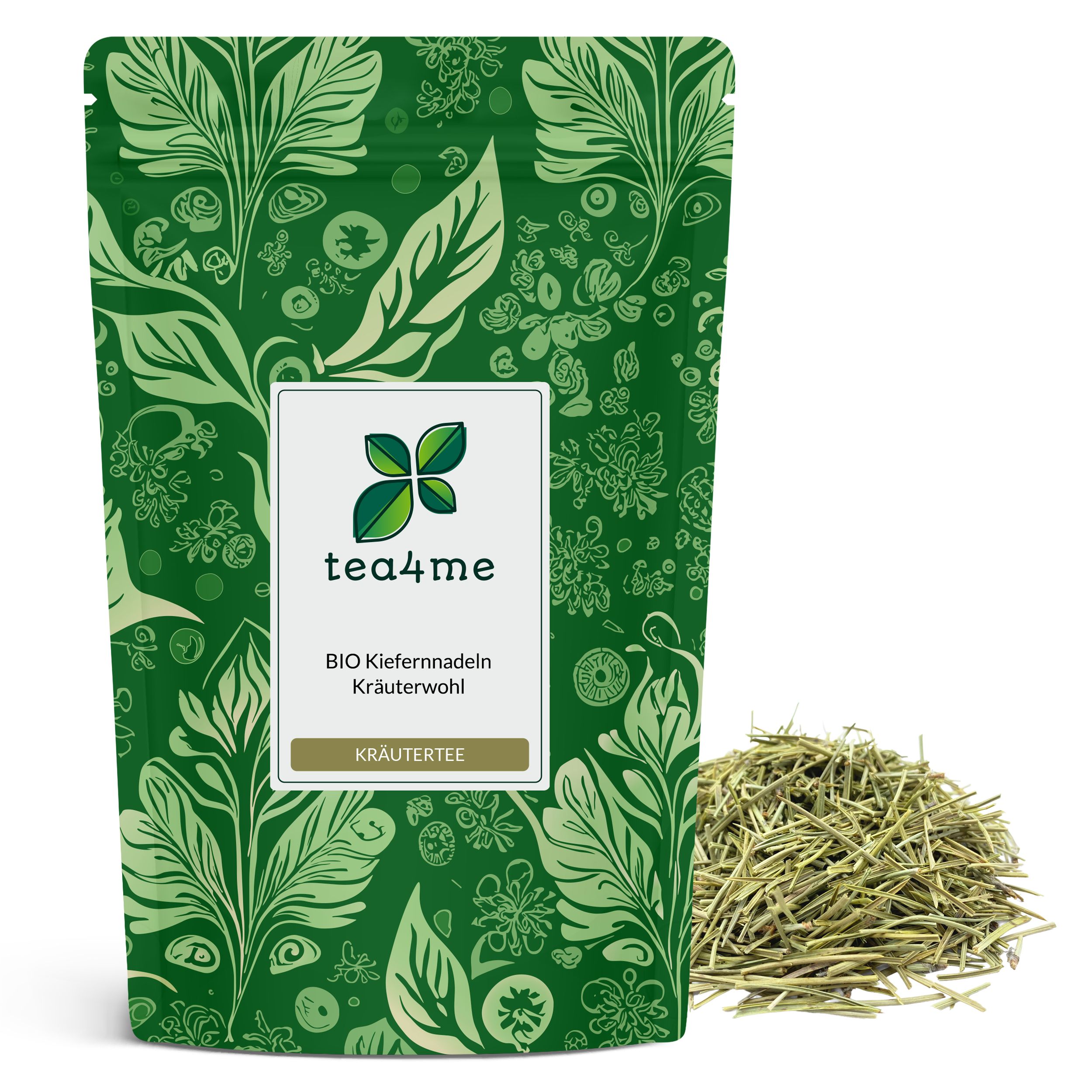 Grüner Beutel mit floralem Muster und Produktbezeichnung. Daneben ein Haufen Kiefernnadeln.