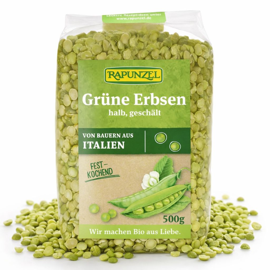 Rapunzel Grüne Erbsen, halb, geschält, 500g Beutel. Festkochend, von Bauern aus Italien.