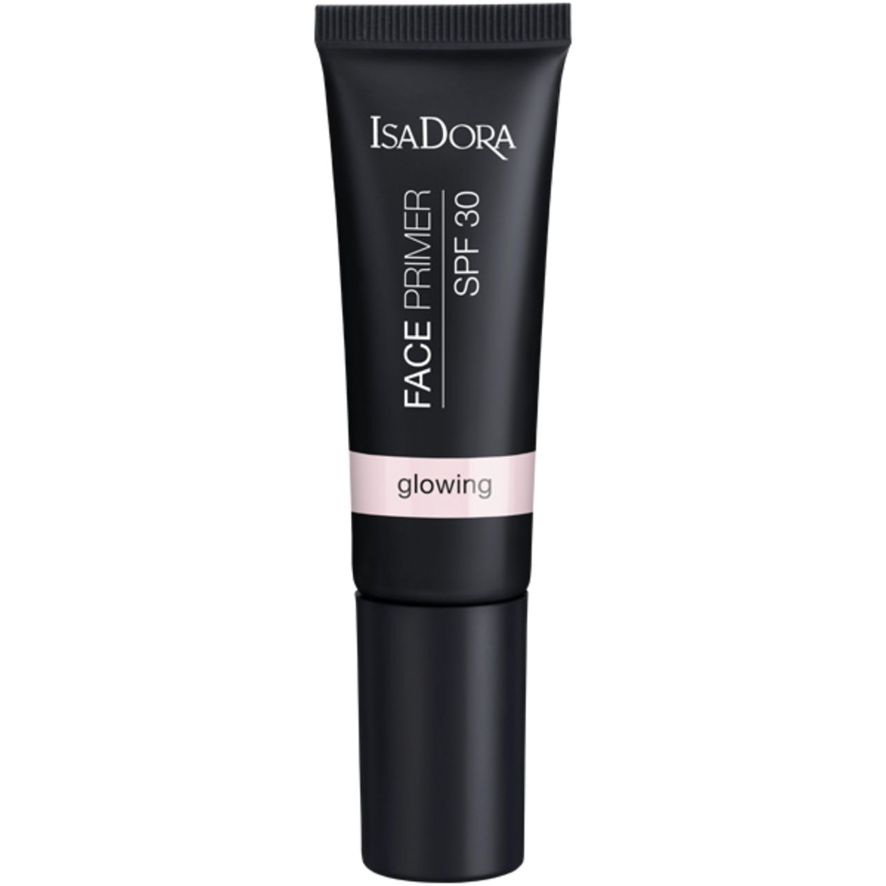 Schwarze Tube IsaDora Face Primer Glowing SPF 30. Rosa Streifen mit 'glowing'.