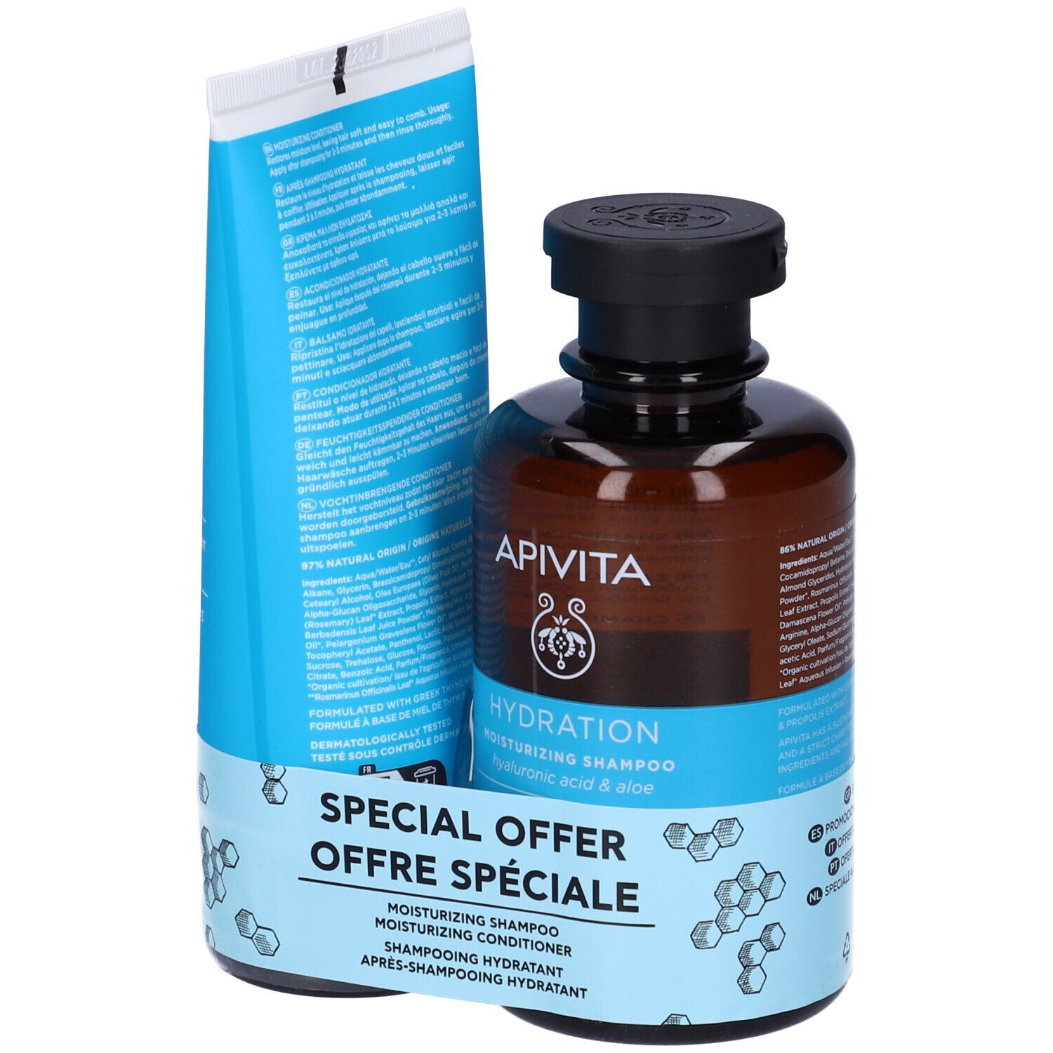 Set Apivita Hydration. Flacone marrone e tubo blu. Scritta: Hydration, Shampoo, Balsamo. Offerta speciale.