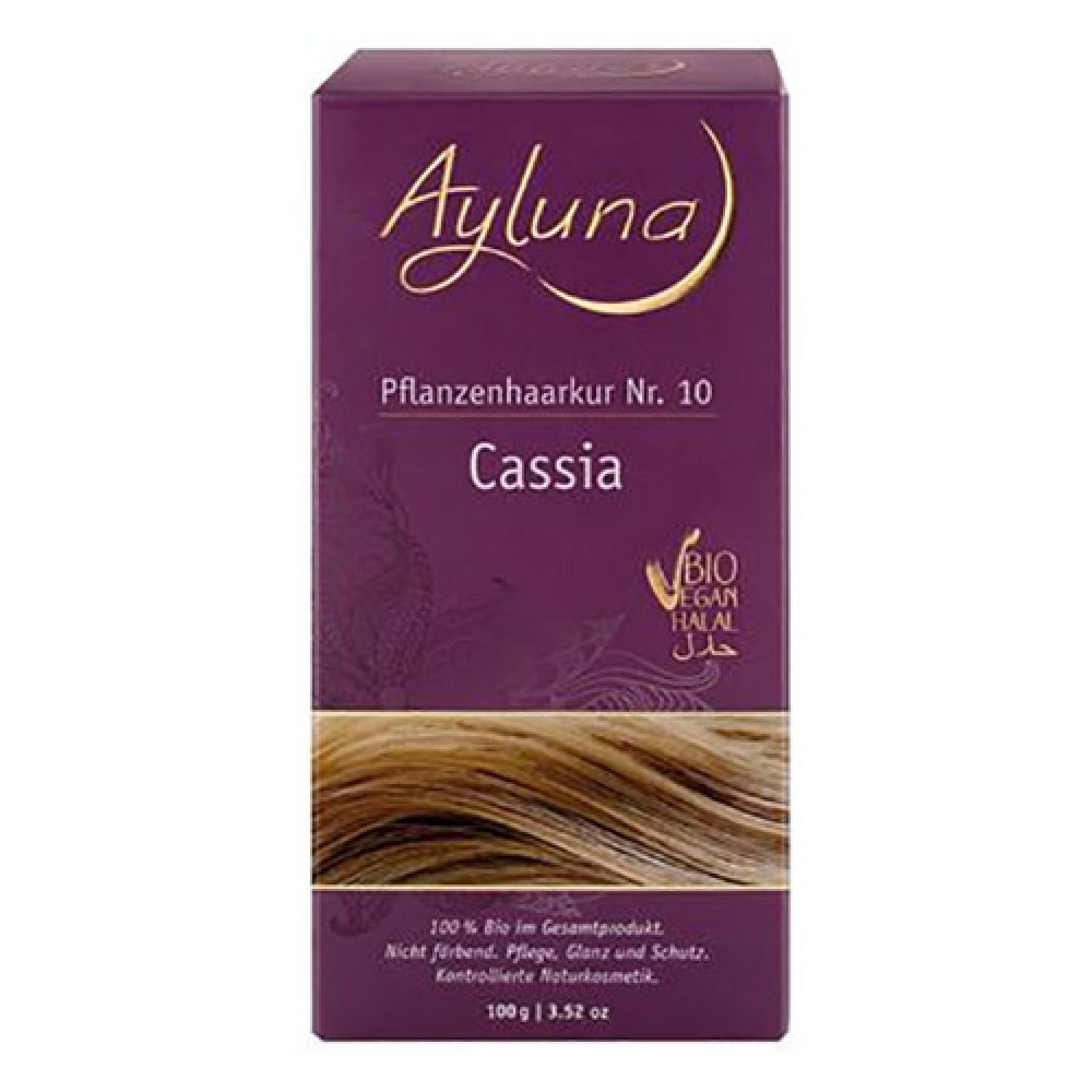 Violette Schachtel mit Produktnamen Ayluna, Pflanzenhaarkur Nr. 10, Cassia. Bio, Vegan, Halal-Siegel. Haarsträhne abgebildet.