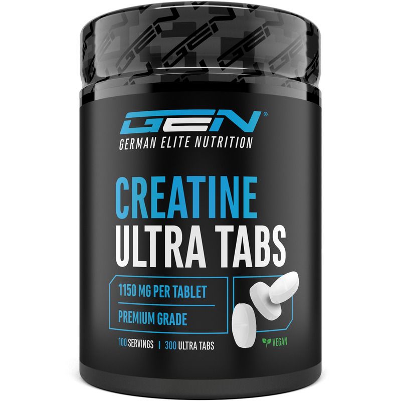 Schwarze Dose mit blauer Aufschrift. "GEN" und "Creatine Ultra Tabs" sind sichtbar. Weiße Tabletten daneben.