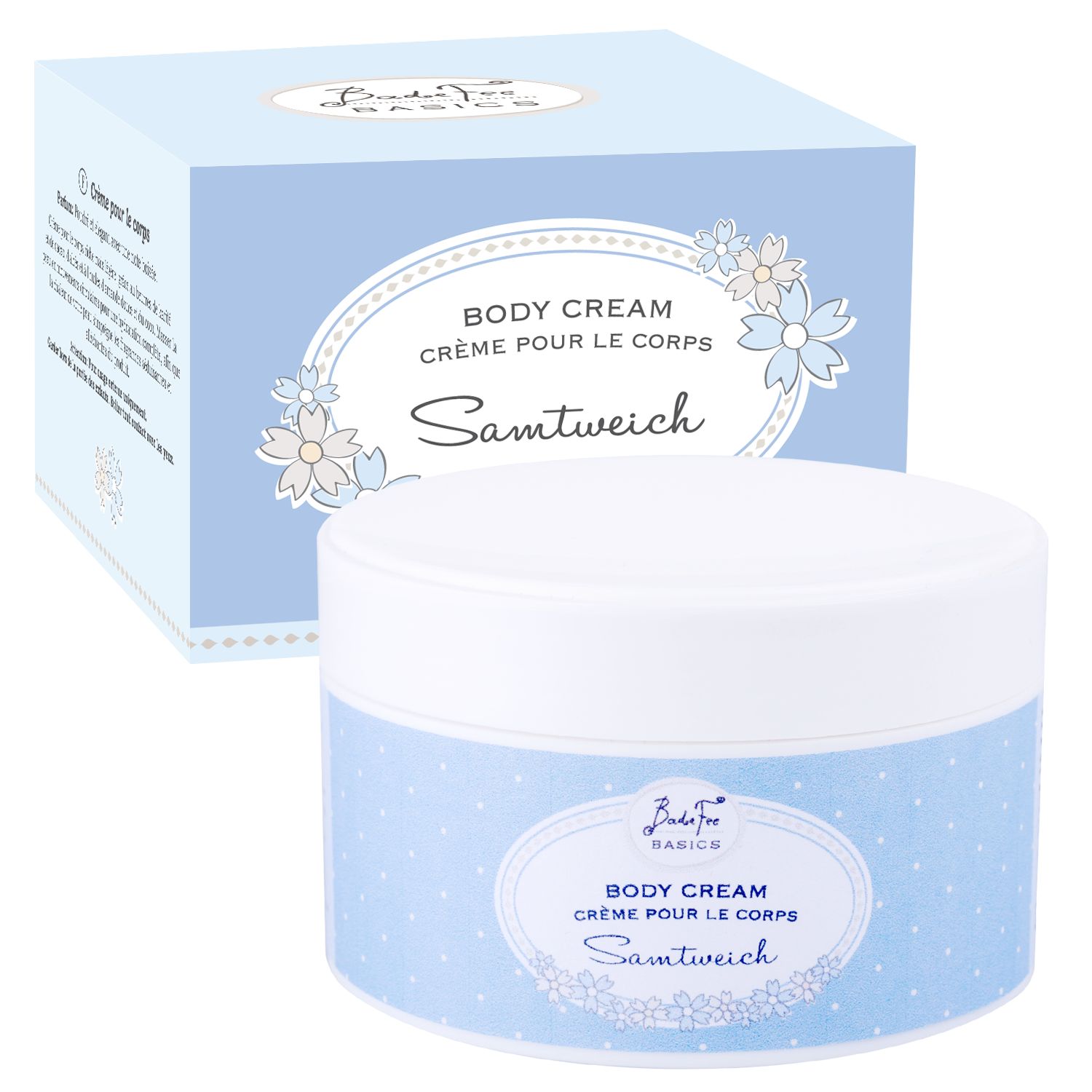Körpercreme-Tiegel und -Verpackung. Hellblauer Hintergrund mit weißen Punkten und floralen Elementen. Text: Body Cream, Samtweich.