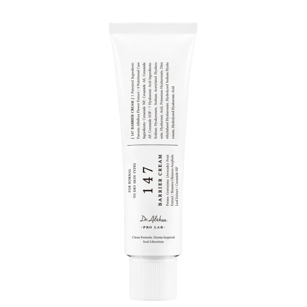 Weiße Tube mit Dr. Althea 147 Barrier Cream Aufschrift und Inhaltsstoffen.