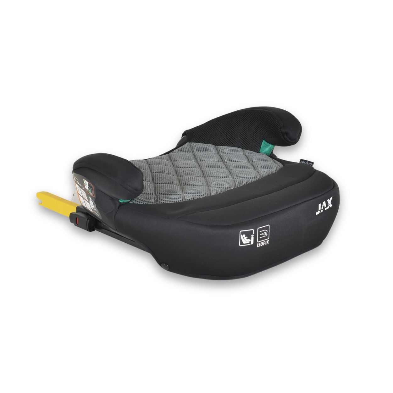 Schwarzer Kindersitz-Booster mit gepolsterter Sitzfläche, Rückenlehne und Kopfstütze, ISOfix.
