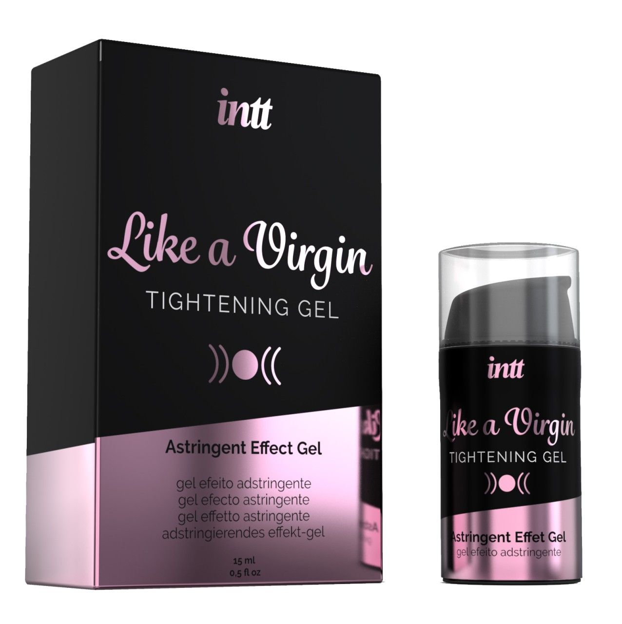 Schwarze Verpackung und Flasche. Aufschrift: INTT, Like a Virgin, Tightening Gel. Rosa Akzent. Flasche mit transparentem Deckel.