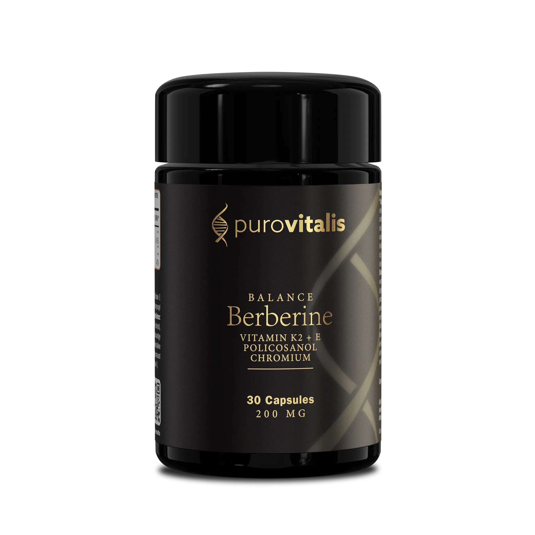 Schwarze Flasche mit Kapseln. Aufschrift: Purovitalis, Balance Berberine, Vitamin K2 + E, Policosanol, Chrom, 30 Kapseln, 200 mg.