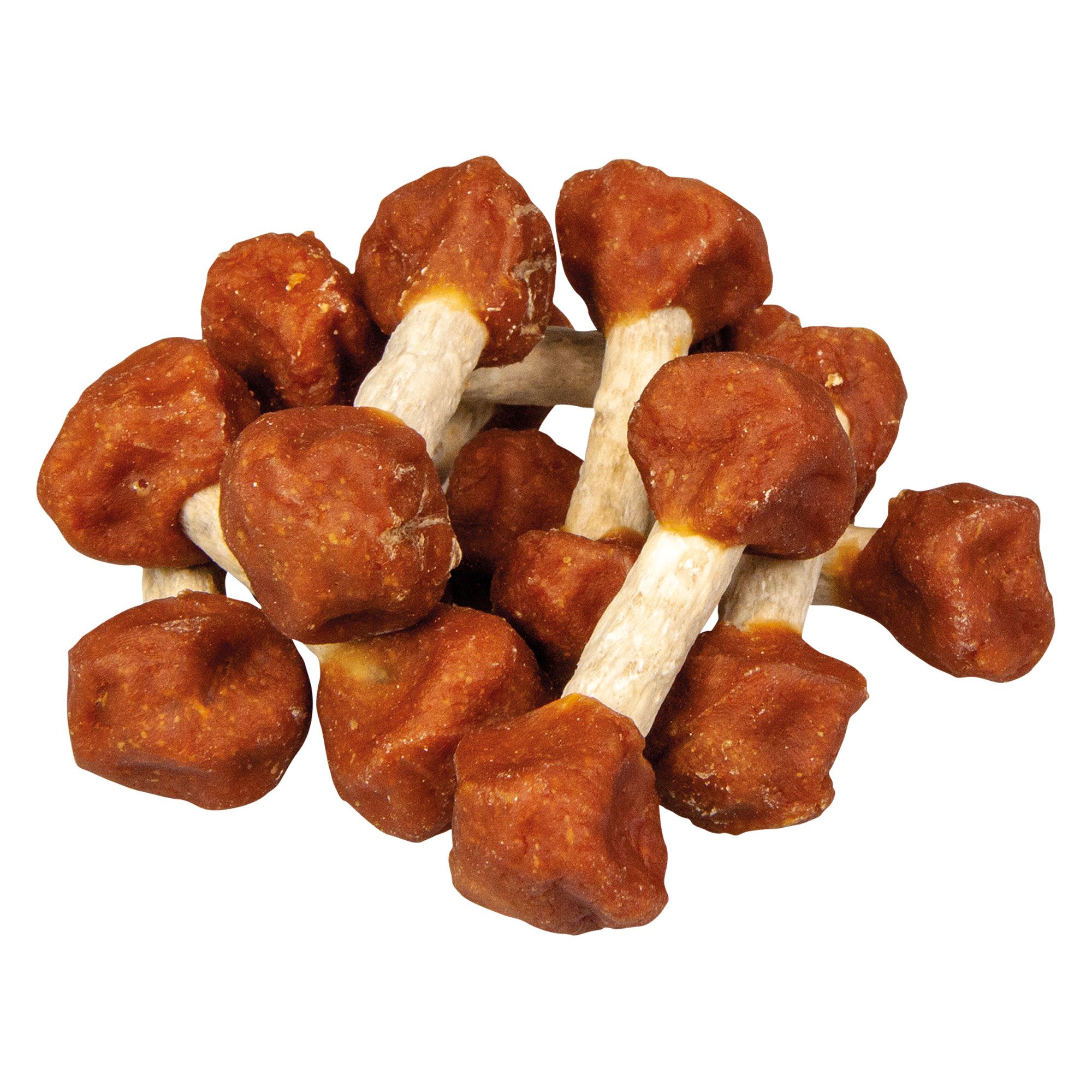 Hundesnacks, hantelförmig, umwickelt mit Hühnchenfleisch. Mehrere Snacks liegen auf weißem Hintergrund.