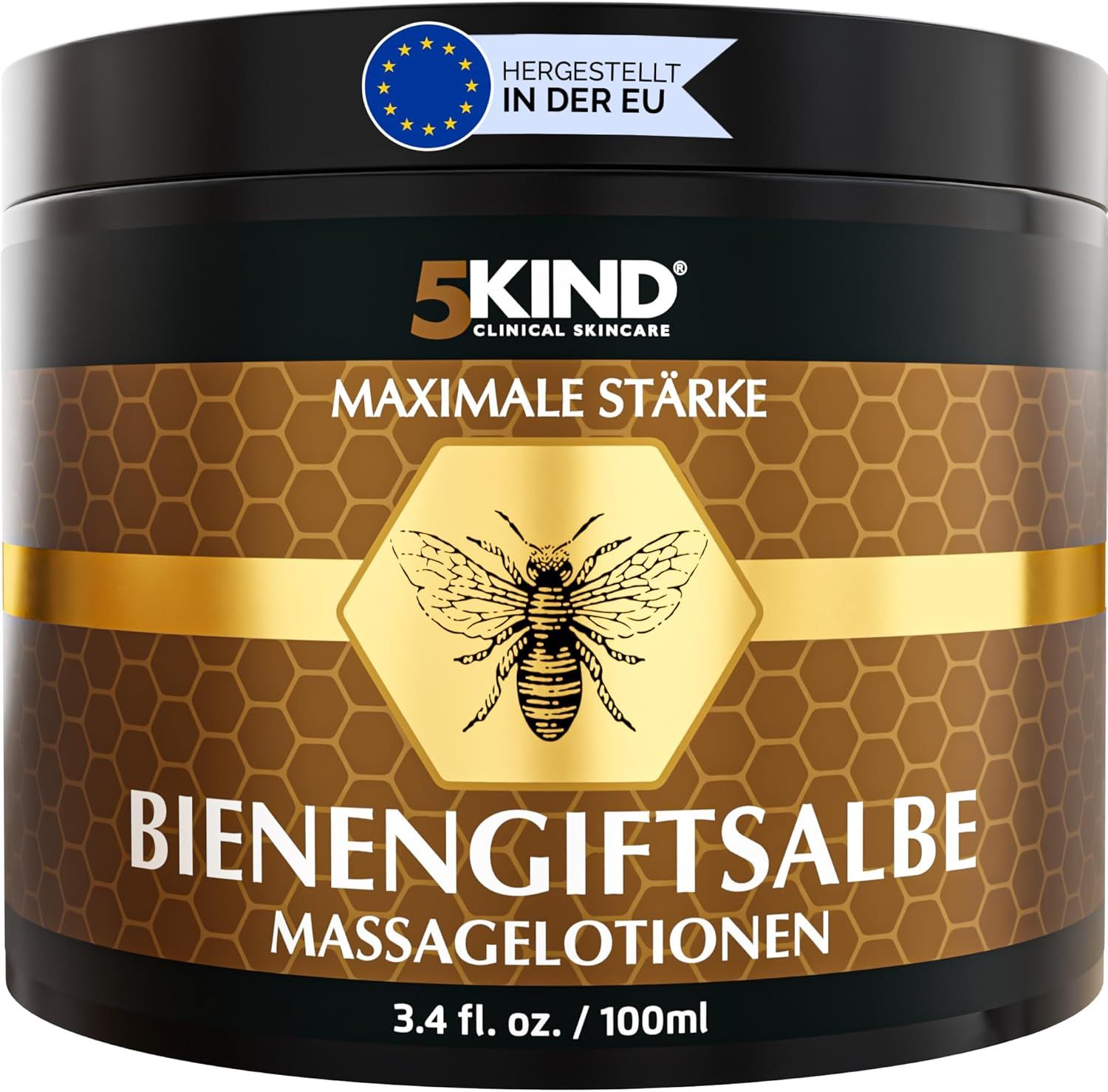 Dunkle Dose mit goldfarbenem Etikett. Text: Bienengiftsalbe Massage Lotionen. EU-Qualitätszeichen.