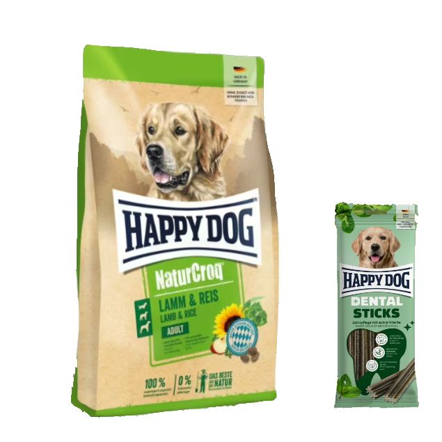 Happy Dog Premium NaturCroq Lamm + Reis Dental Snacks Sticks für Hunde 15,1 kg