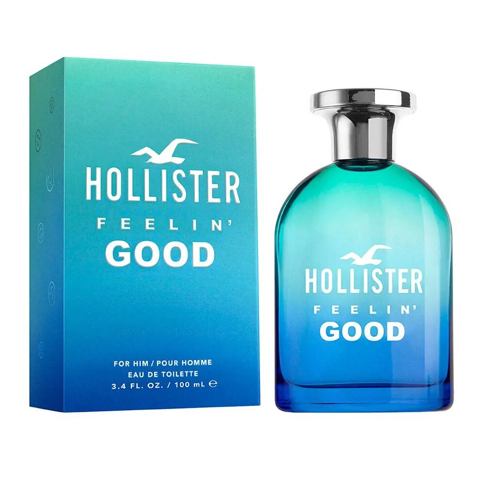 Blau-grüner Flakon und Verpackung. Verpackung mit Schriftzug: Hollister Feelin' Good. Logo: Möwe. Flakon mit silbernem Verschluss.