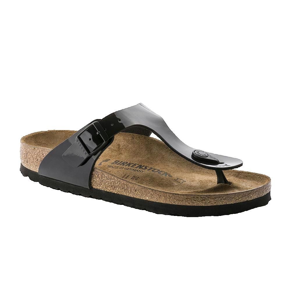 Sandalo nero con cinturino e fibbia. Plantare in sughero. Marchio Birkenstock visibile.
