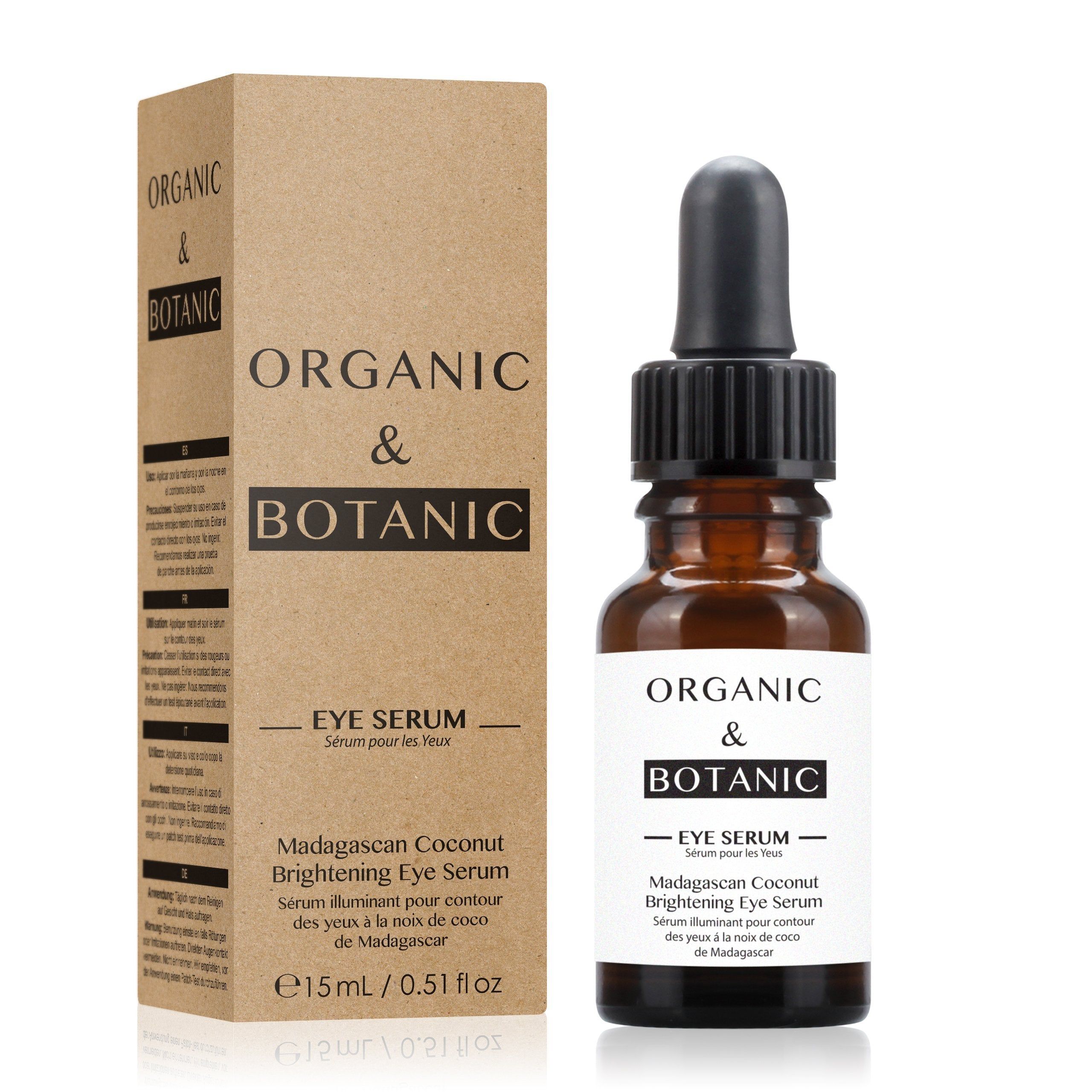 Braune Glasflasche mit Pipette und Karton. Aufschrift: Organic & Botanic Eye Serum. Französisch und englisch.