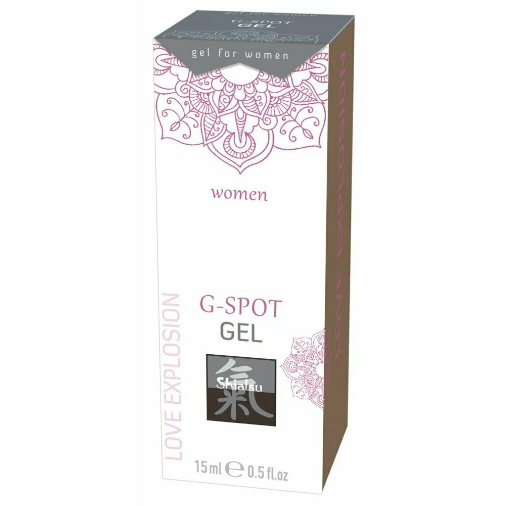 Kartonverpackung für G-SPOT GEL. Weiß mit rosa Mandala-Design. Text: "gel for women", "women", "G-SPOT GEL", "Shiatsu", 15ml 0.5 fl.oz.