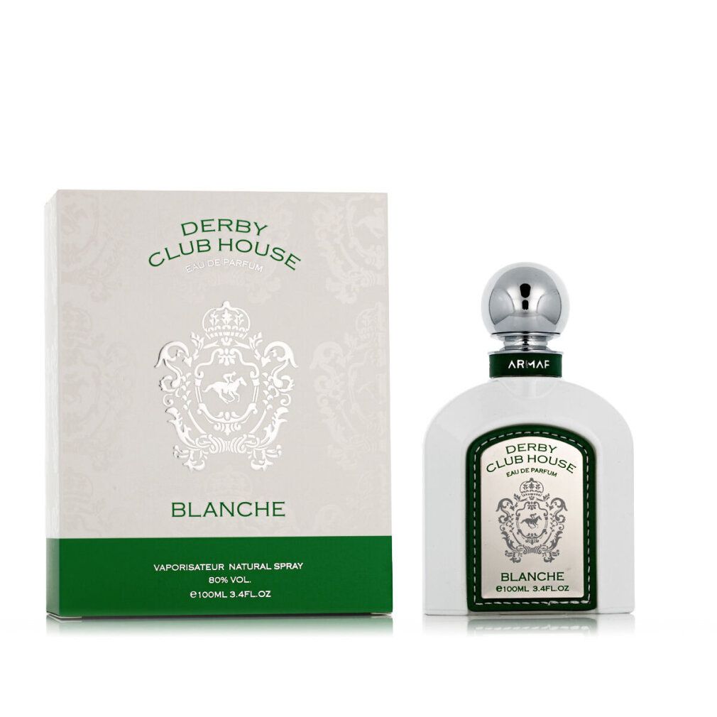 Weiße Flasche und Verpackung. Flasche mit silbernem Deckel, grünem Etikett. Verpackung: DERBY CLUB HOUSE, BLANCHE.