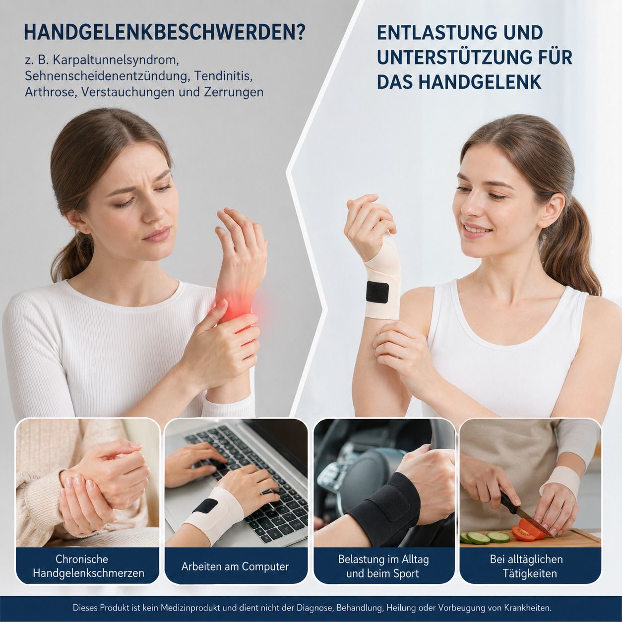 Zwei Personen mit Handgelenkbandagen. Text: Handgelenkbeschwerden? Entlastung und Unterstützung für das Handgelenk.
