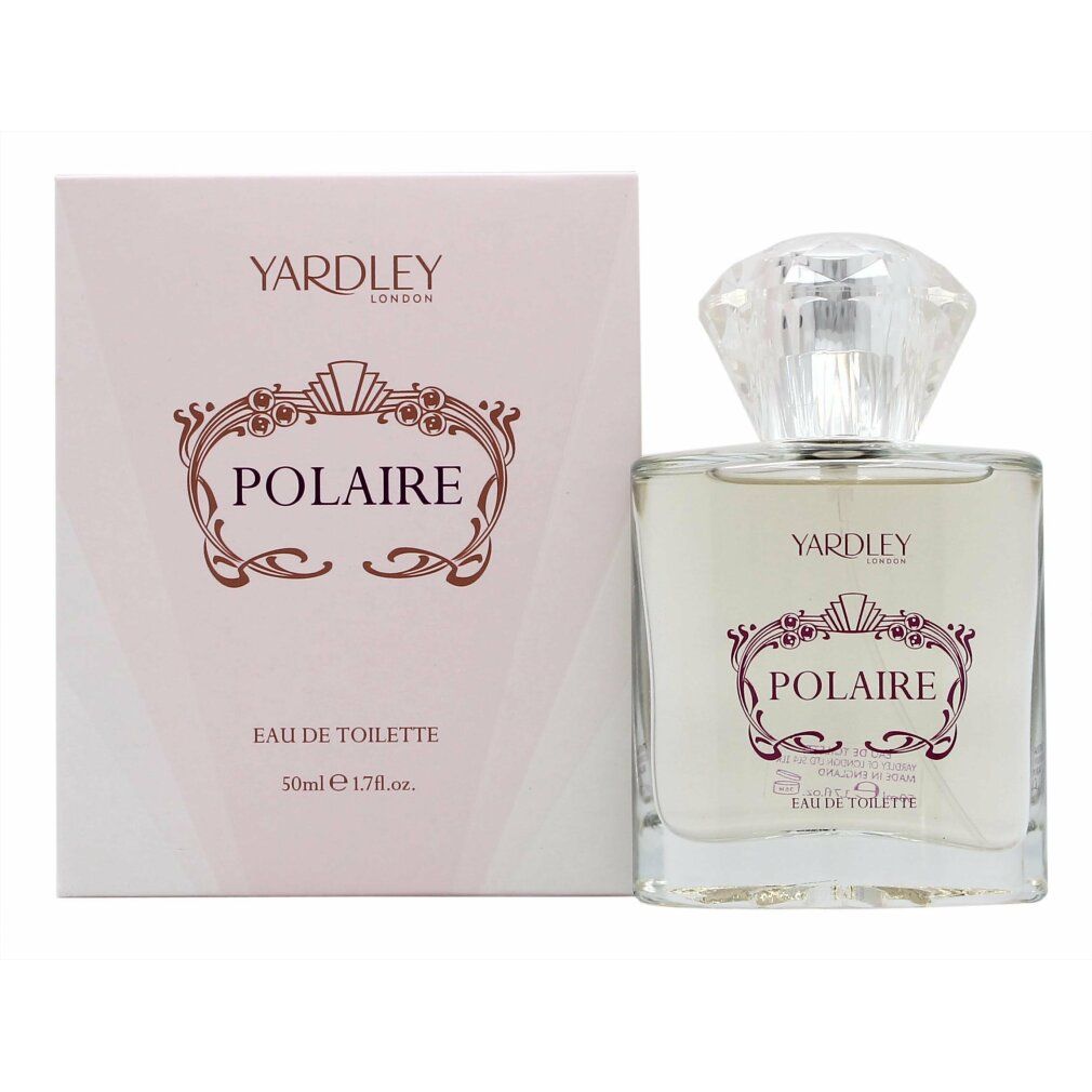 Yardley Polaire Eau de Toilette Spray. Flakon und Verpackung in Rosa und Weiß. Aufschrift 'Polaire' und 'Eau de Toilette'.