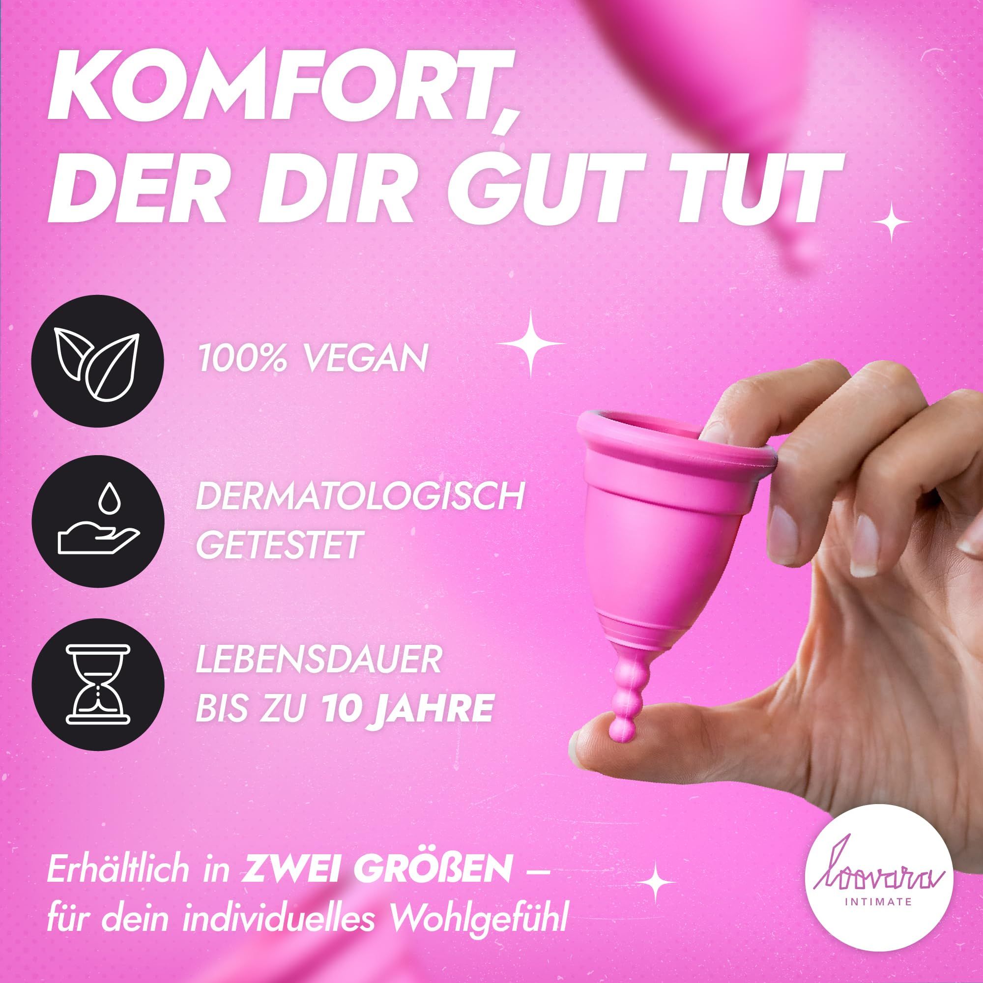 Pinke Menstruationstasse Größe M aus Naturkautschuk, dermatologisch getestet.