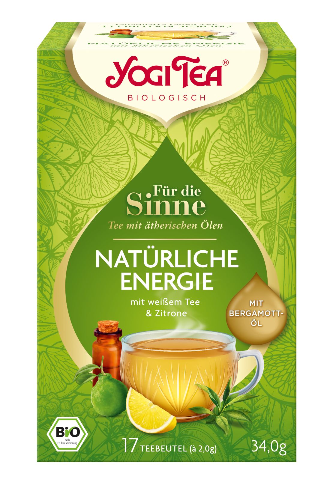 Verpackung von Yogi Tea. Grün, mit Logo und Produktbezeichnung. Enthält 17 Teebeutel mit weißem Tee, Zitrone und Bergamottöl.