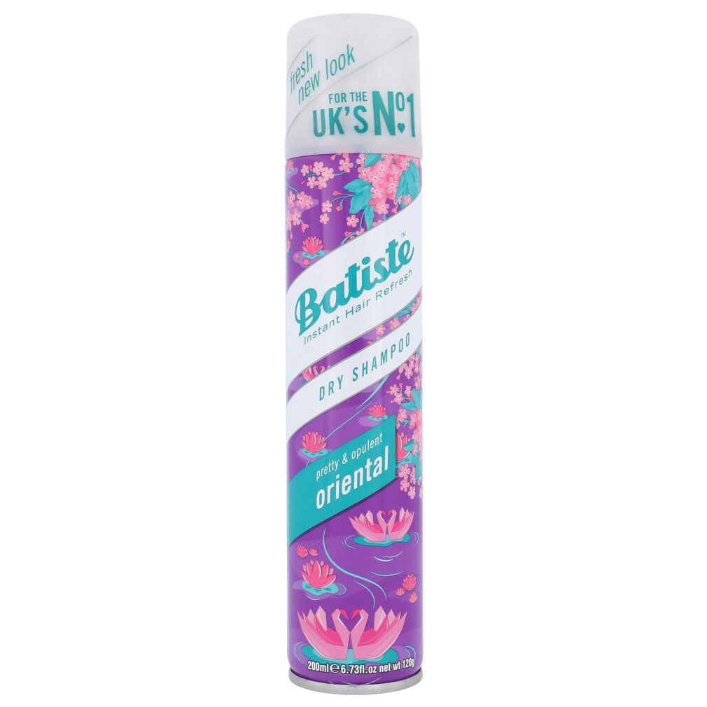 Trockenshampoo-Spraydose. Lila-weißes Design mit Schriftzug 'Batiste Dry Shampoo Oriental'. UK's Nr. 1.