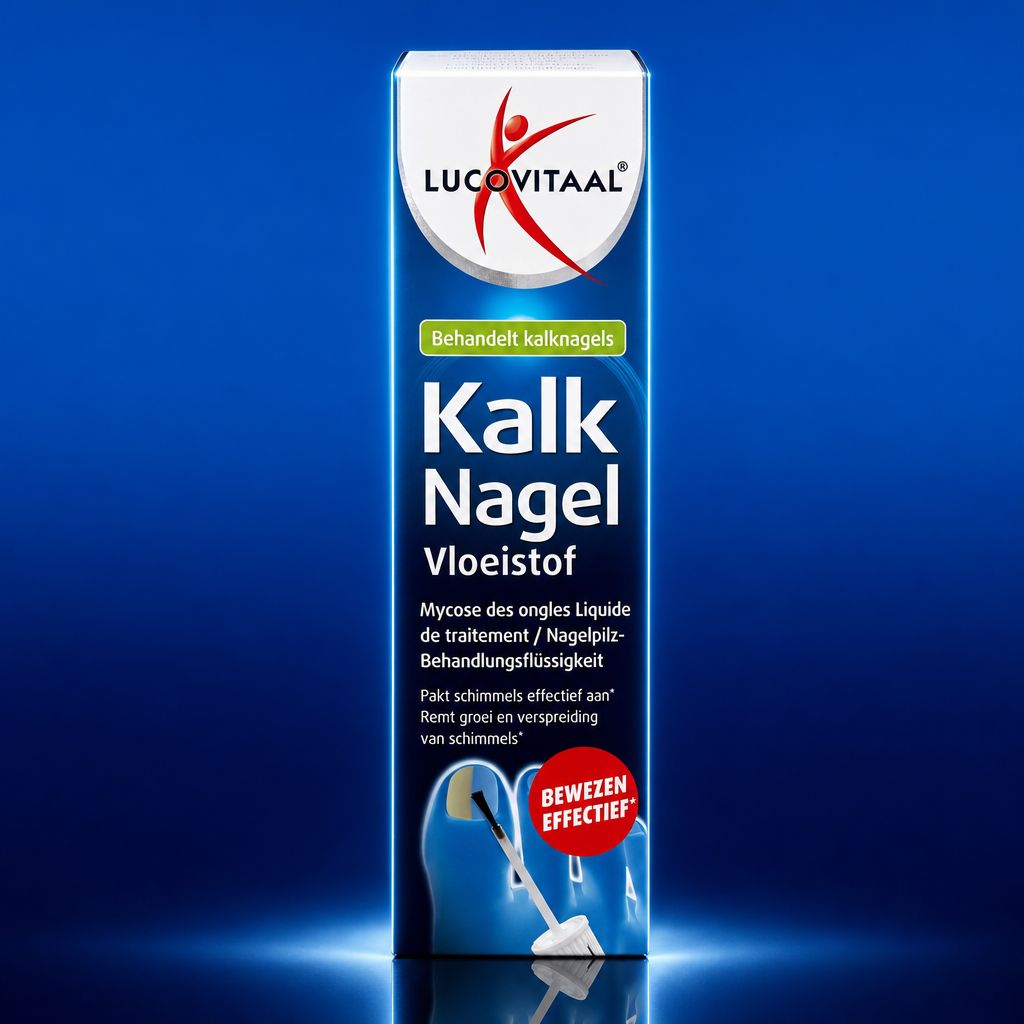 Flasche mit LucoVitaan Kalknagel Vloeistof, Flüssigkeit zur Nagelpilzbehandlung.