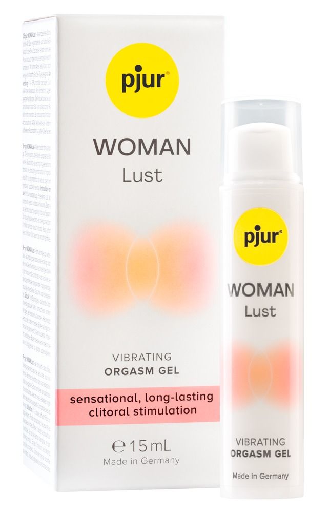 Produktverpackung und Flasche. Aufschrift: pjur, WOMAN Lust, Vibrating Orgasmus Gel. Text: sensational, long-lasting clitoral stimulation. 15ml.