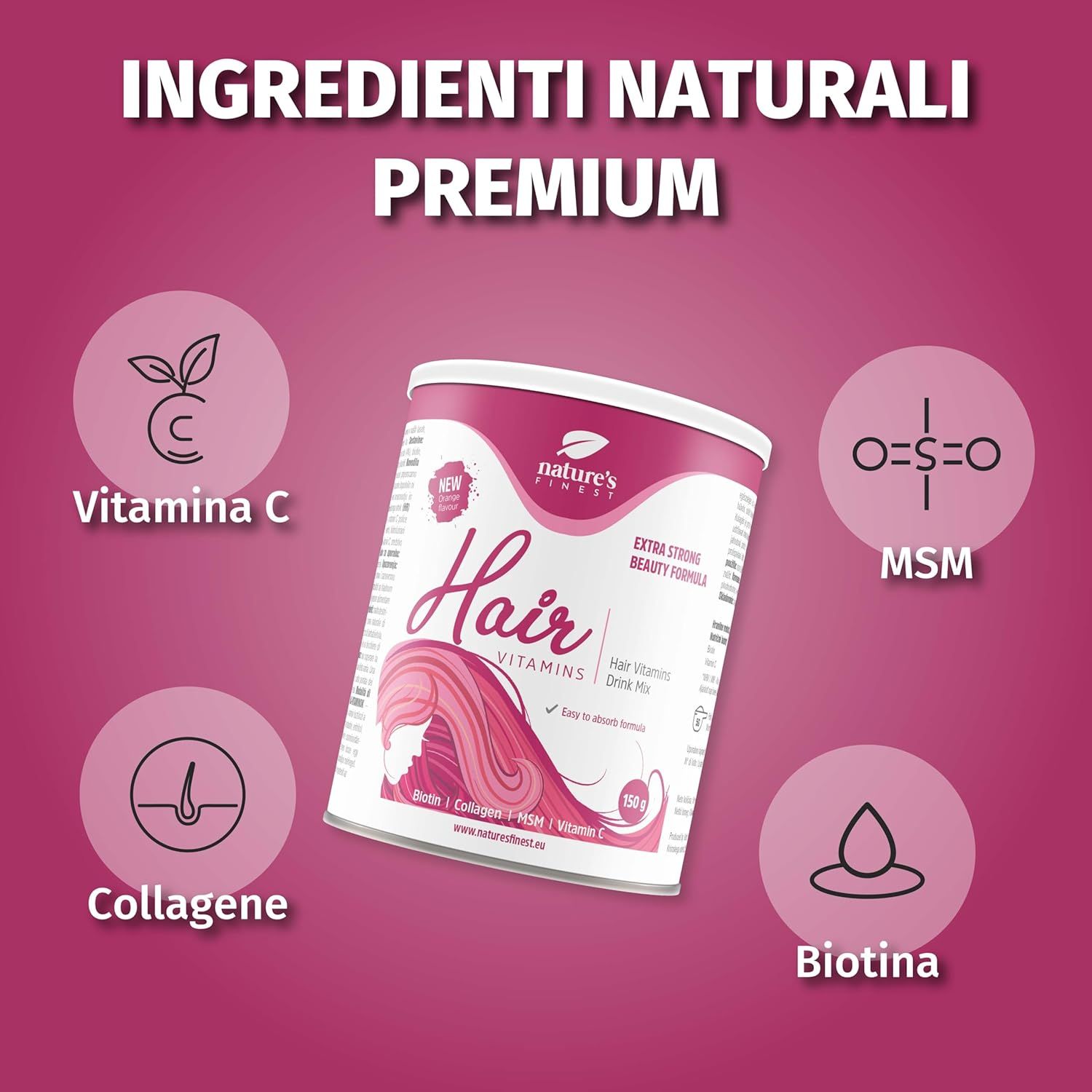 Nature's Finest Hair Vitamins Dose. Inhaltsstoffe: Vitamin C, Kollagen, MSM, Biotin. Rosa Hintergrund mit Icons.