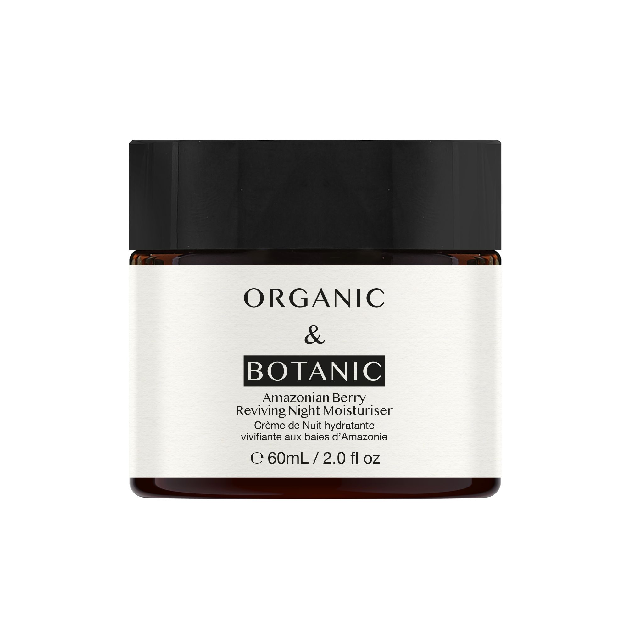 Creme-Tiegel mit schwarzem Deckel. Aufschrift: Organic & Botanic, Amazonian Berry Reviving Night Moisturiser. 60ml/2.0 fl oz.