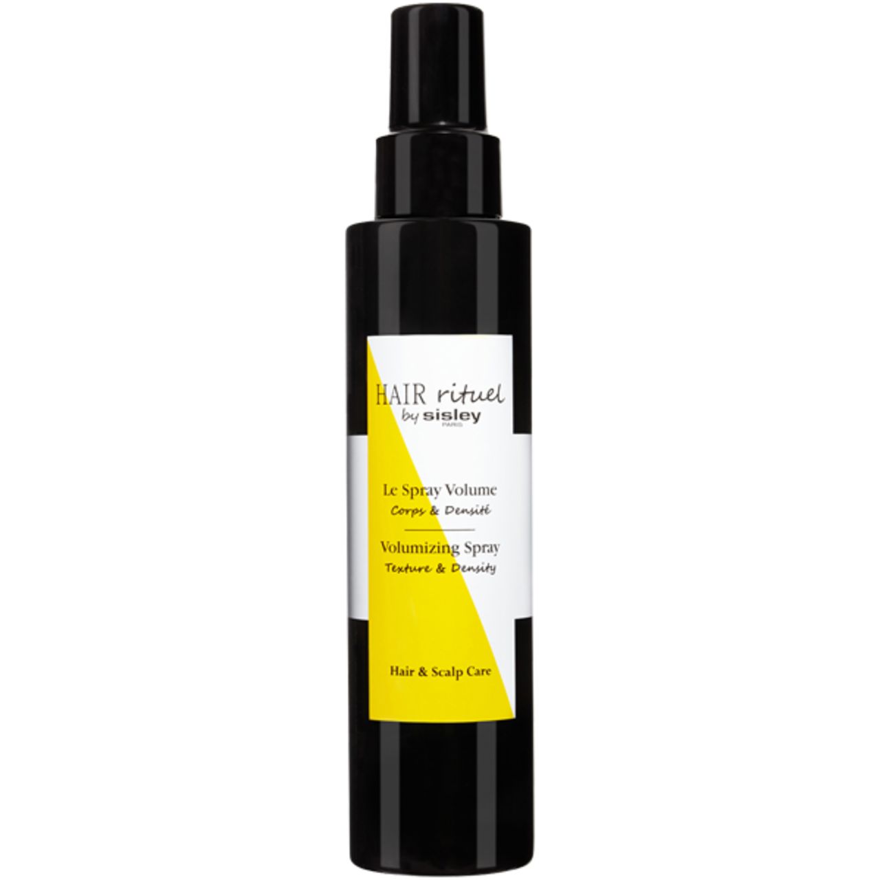 Schwarze Sprühflasche mit gelbem Etikett. Beschriftung: Hair Rituel by Sisley, Le Spray Volume, Volumizing Spray, Hair & Scalp Care.