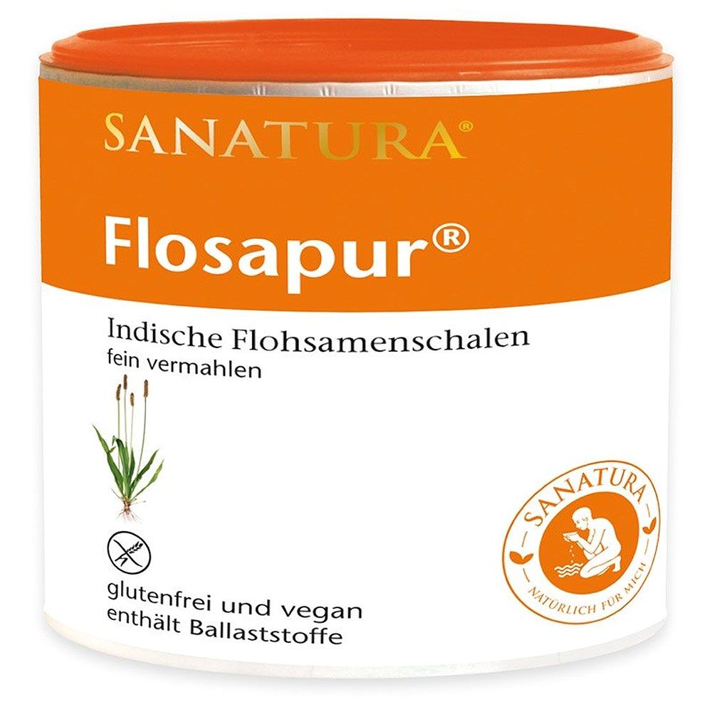 Dose mit Sanatura Flosapur. Orangefarbener Deckel, weißer Behälter mit Produktinformationen und Logo.