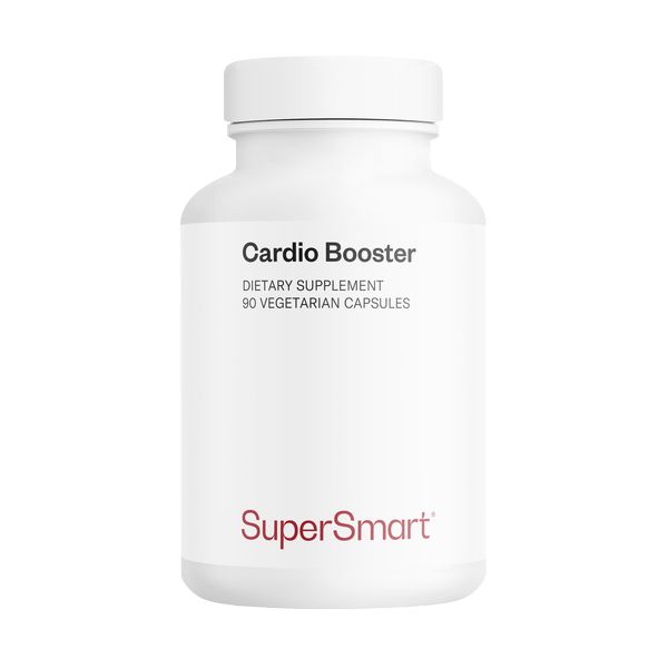 Weiße Flasche mit Etikett. Text: Cardio Booster, SuperSmart, 90 vegetarische Kapseln. Produktname und Markenlogo.