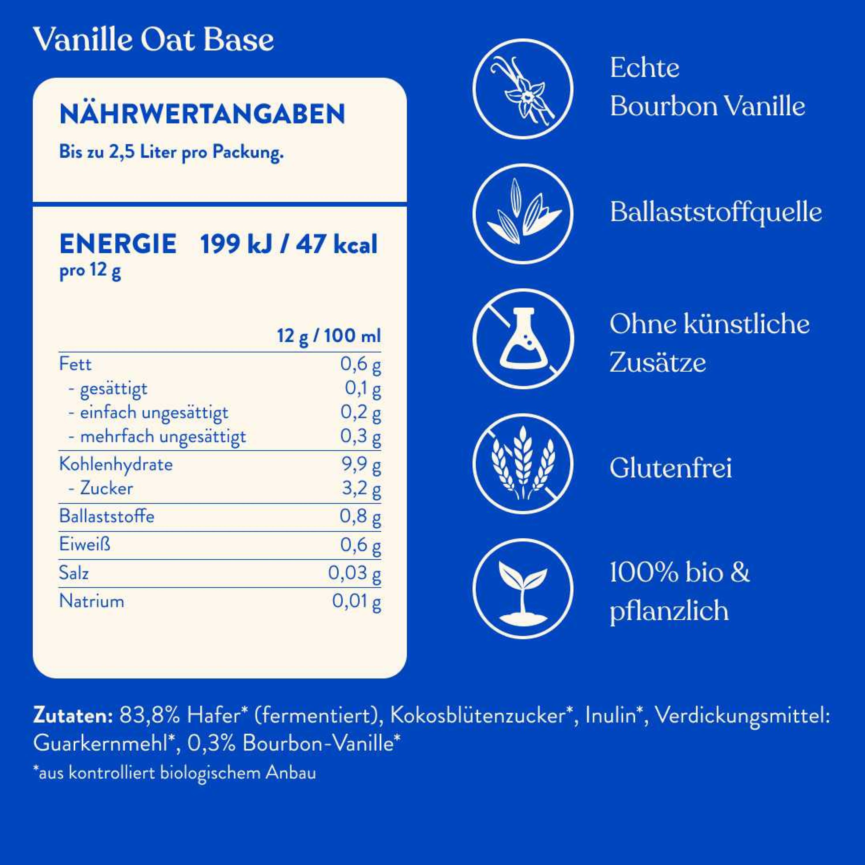 Nährwertangaben für Vanille Oat Base. Energie pro 12g: 199 kJ / 47 kcal. Enthält Fett, Kohlenhydrate, Zucker, Ballaststoffe, Eiweiß, Salz.