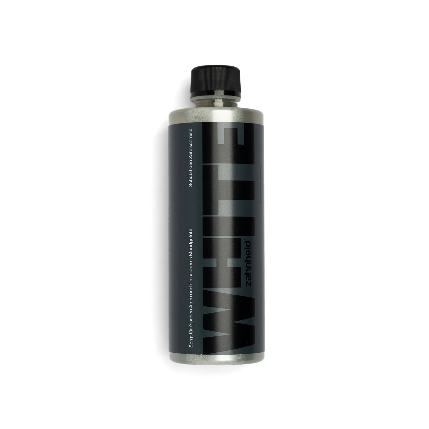 Flasche Zahnheld Mundspülung Mint, dunkles Design mit weißer Schrift.
