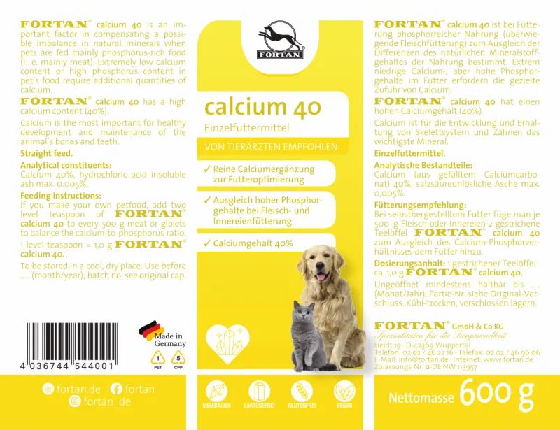 Nahaufnahme der Produktverpackung. FORTAN Calcium 40, Produktinformationen, Logo, Netto-Gewicht 600 g, und Abbildungen.