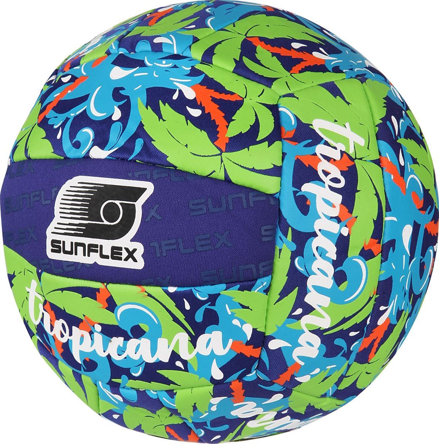 Beachball mit tropischem Muster. Aufschrift "Sunflex" und "tropicana".