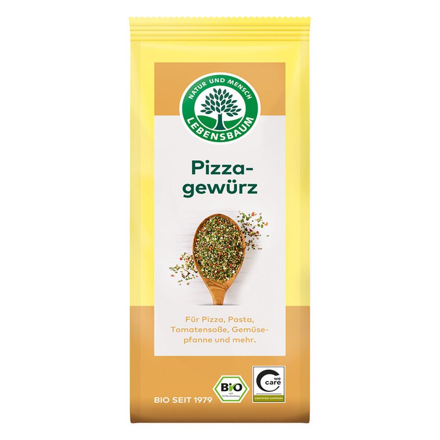 Gelbe Verpackung mit "Lebensbaum" Logo und "Pizza-gewürz" Schriftzug. Enthält Kräuter. Bio-Siegel und "care" Logo.