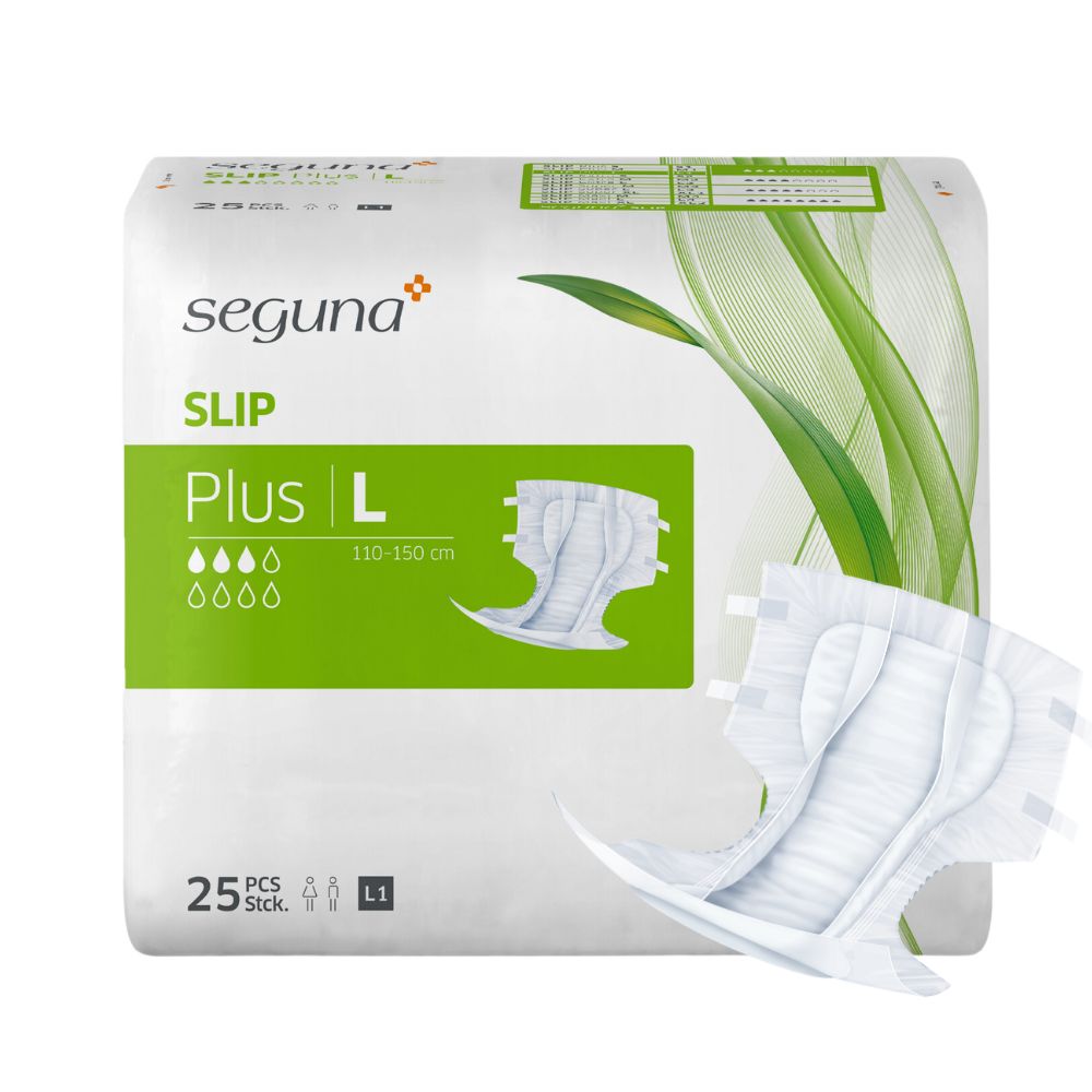 Verpackung von SEGUNA Slip Plus. Weißer Hintergrund. Produktbezeichnung, Größe L, Saugstärke-Indikator und 25 Stück.